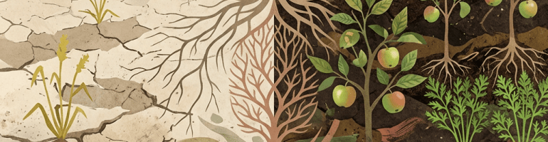 Illustration comparing cracked dry soil with healthy crops and extensive roots