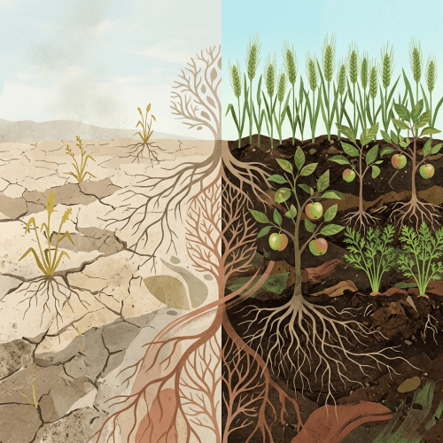 Illustration comparing cracked dry soil with healthy crops and extensive roots