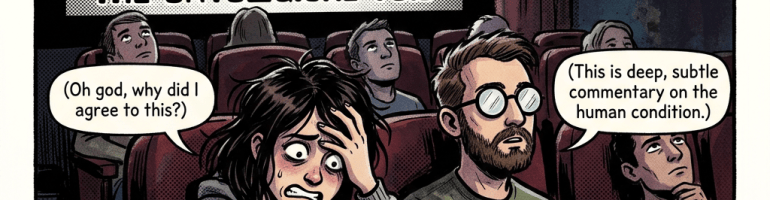 Comic panel of a cinema audience watching THE ONTOLOGICAL VOID at the "AVANT-GARDE" CINEMA; a distressed viewer says "Oh god, why did I agree to this?", another says "This is deep, subtle commentary on the human condition.", and a burst reads "Cringe!"