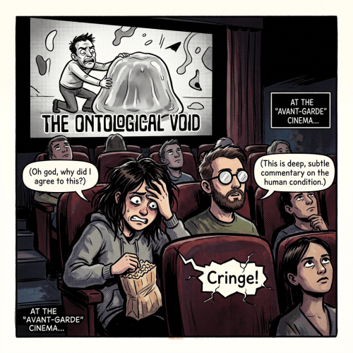 Comic panel of a cinema audience watching THE ONTOLOGICAL VOID at the "AVANT-GARDE" CINEMA; a distressed viewer says "Oh god, why did I agree to this?", another says "This is deep, subtle commentary on the human condition.", and a burst reads "Cringe!"