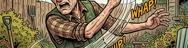Older gardener swatting at a mosquito, surrounded by comic sound effects