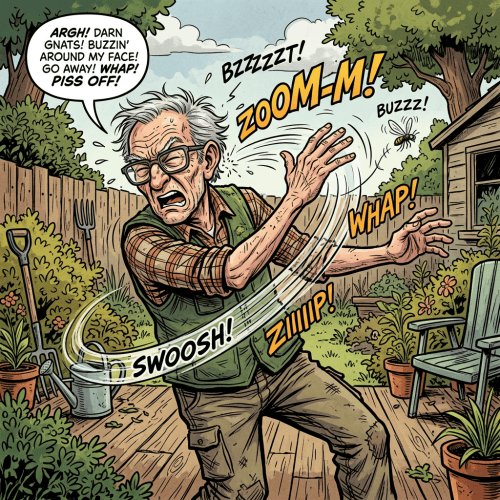 Older gardener swatting at a mosquito, surrounded by comic sound effects