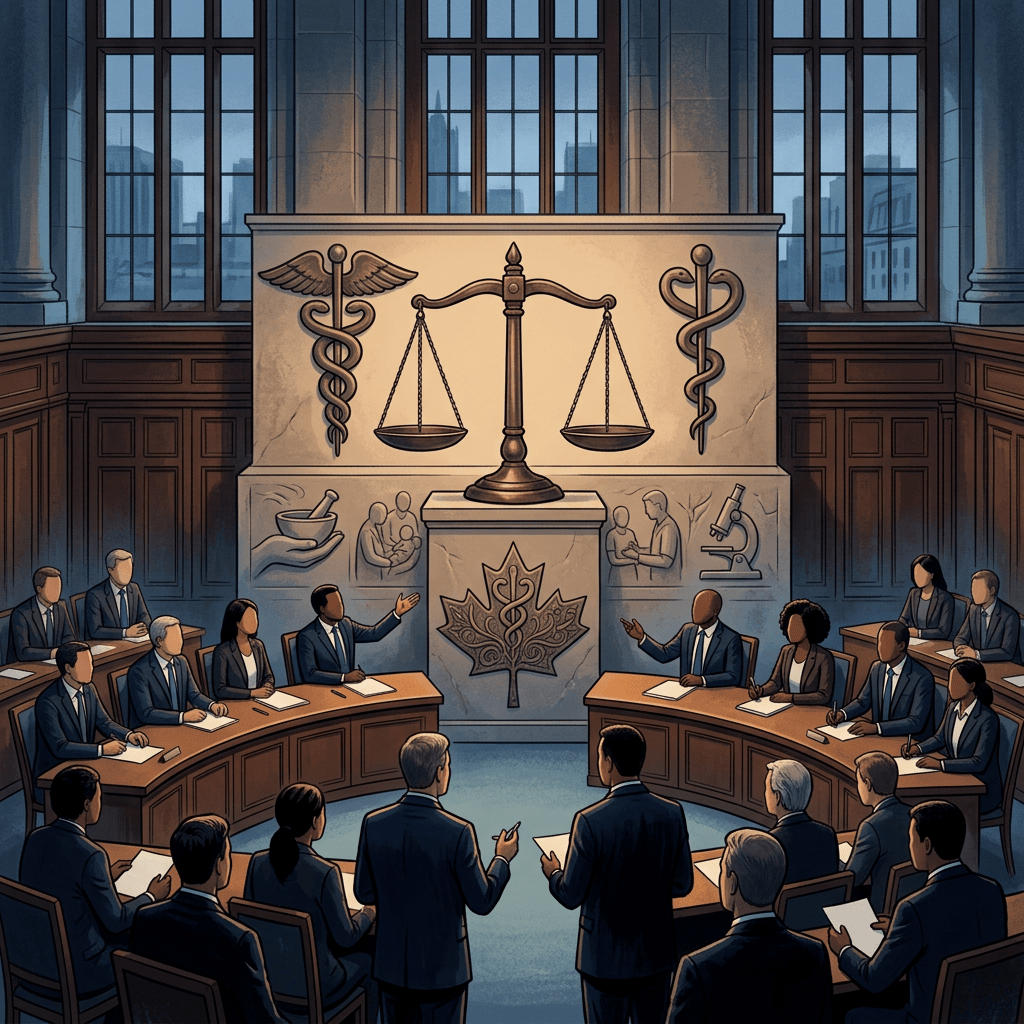 Medical ethics hearing with lawyers, scales, and caduceus symbols