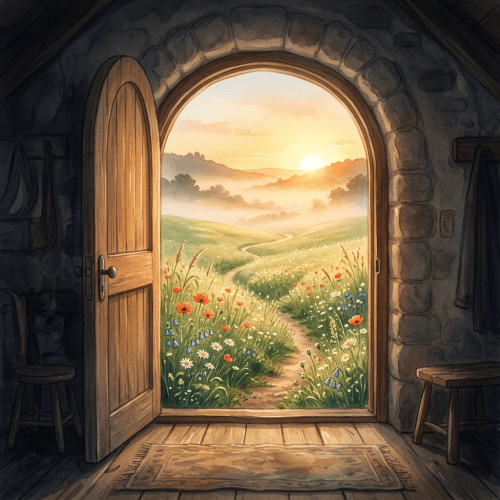 Open wooden door revealing a sunlit meadow with wildflowers and winding path