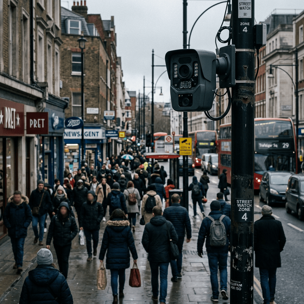 Street surveillance camera overlooking pedestrians and buses on a busy London road