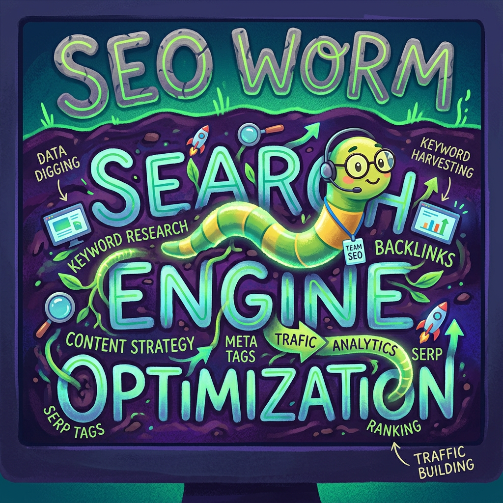 Illustration labeled “SEO WORM” and “SEARCH ENGINE OPTIMIZATION,” with text including “DATA DIGGING,” “KEYWORD HARVESTING,” “KEYWORD RESEARCH,” “BACKLINKS,” “CONTENT STRATEGY,” “META TAGS,” “TRAFFIC,” “ANALYTICS,” “SERP,” “SERP TAGS,” “RANKING,” and “TRAFFIC BUILDING.”