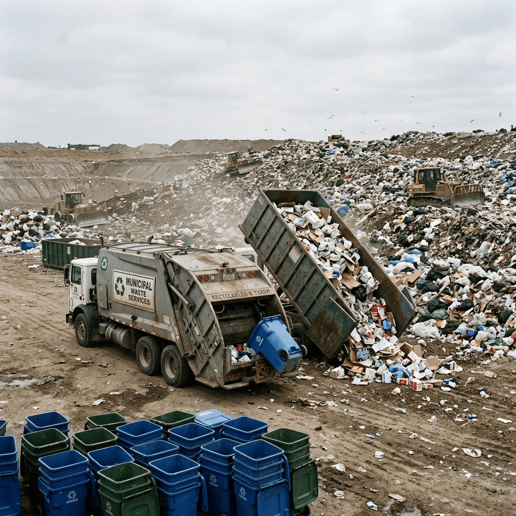 Municipal garbage truck unloading waste at a landfill with bulldozers and bins