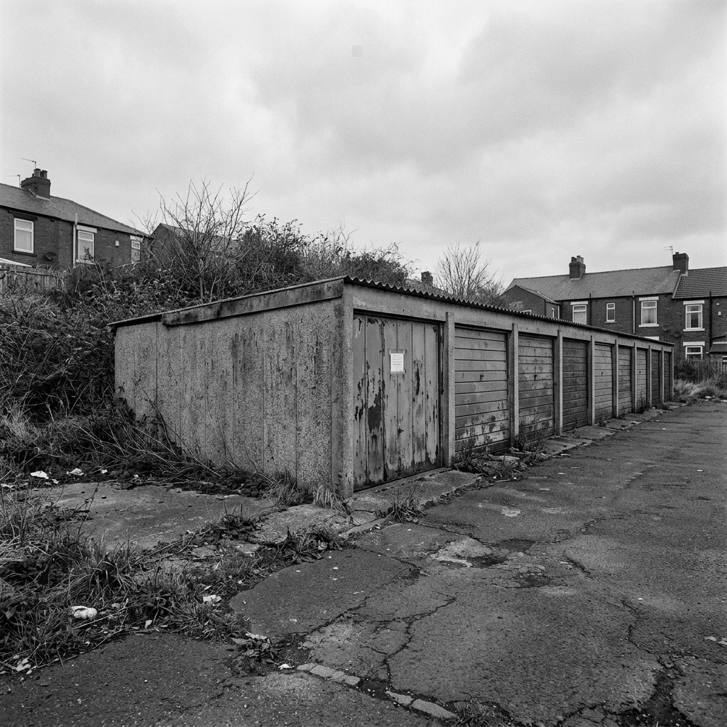 Black-and-white row of weathered garages beside overgrown residential housing