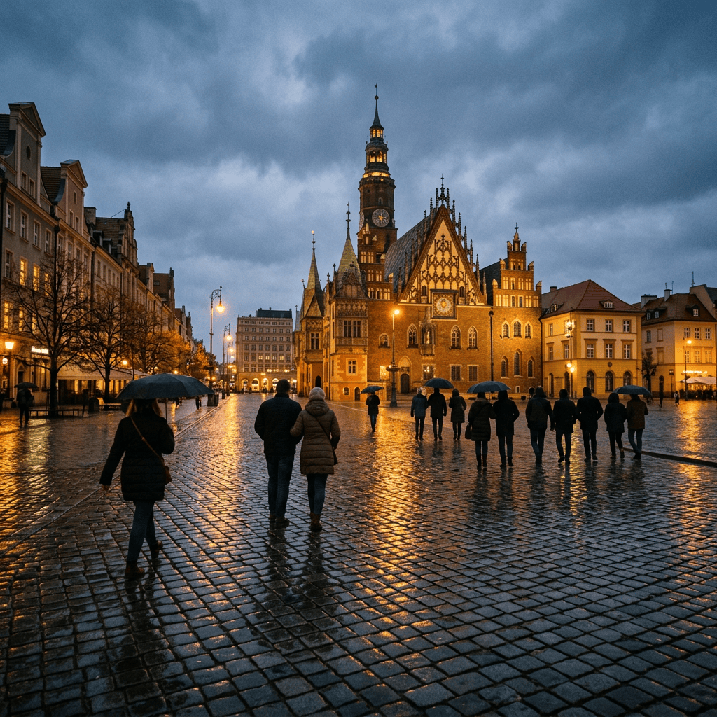 Rainy Wrocław market square with pedestrians, umbrellas, and illuminated historic buildings