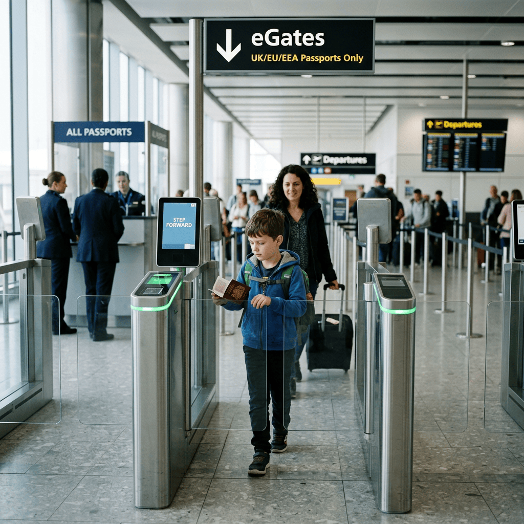 Child holding passport at eGate marked UK/EU/EEA Passports Only; nearby signs read All Passports and Departures.