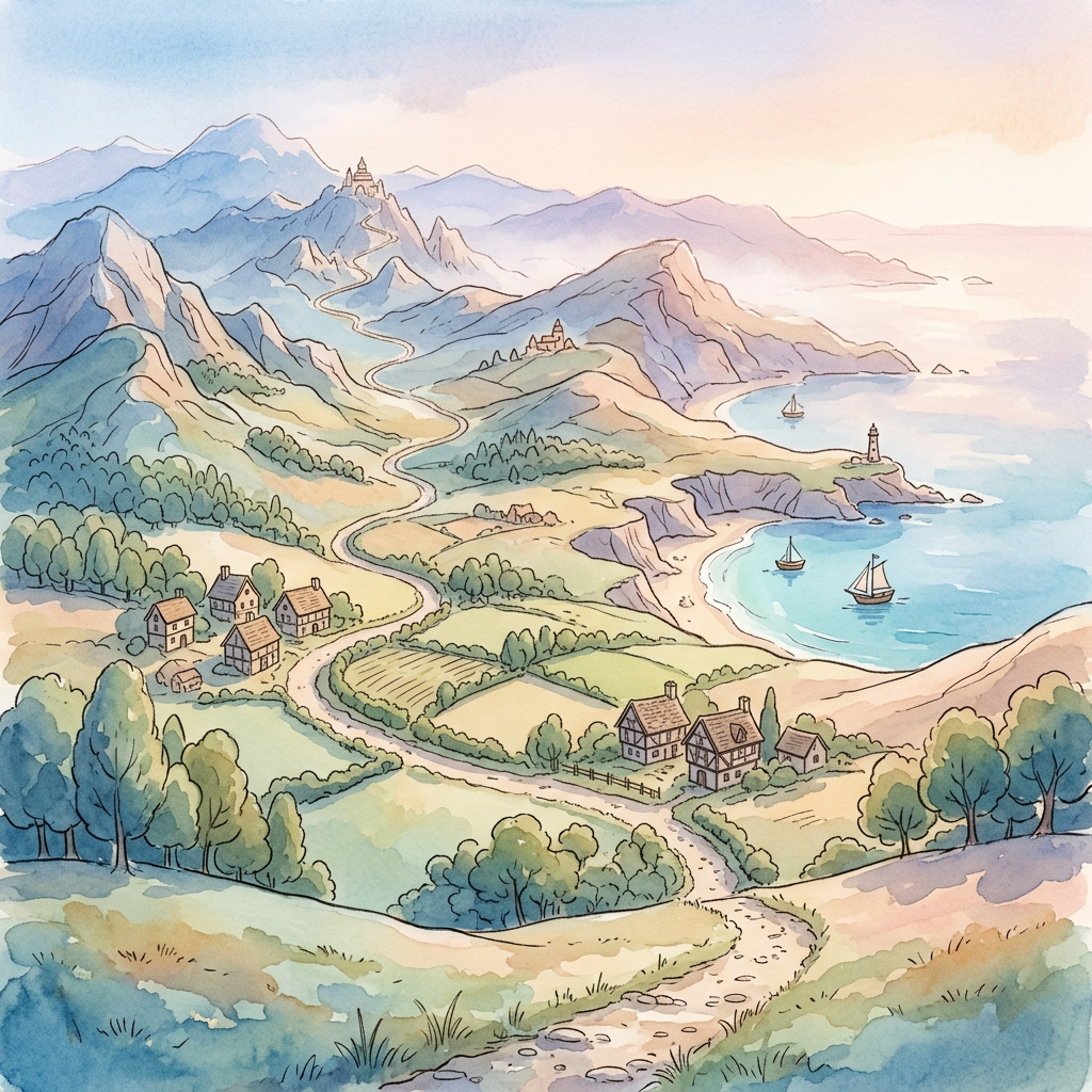 Watercolor map of coastal mountains, villages, castles, roads, and sailboats