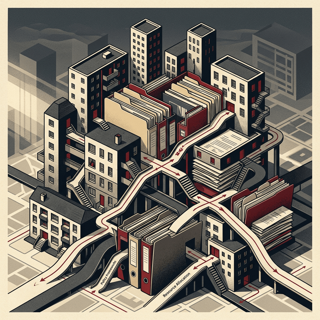 Isometric city of books labeled “Policy Frameworks” and “Resource Allocation.”