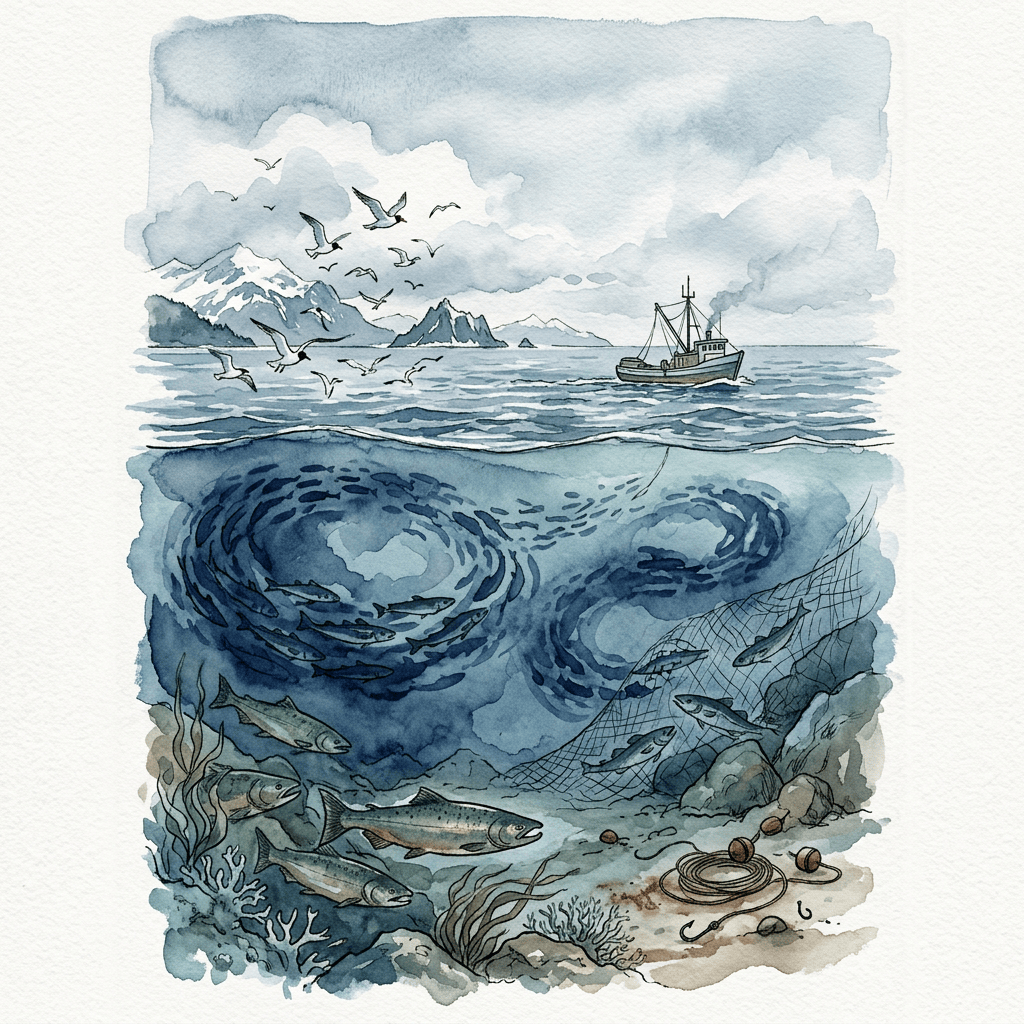 Watercolor seascape with fishing boat, seabirds, fish, net, and mountains