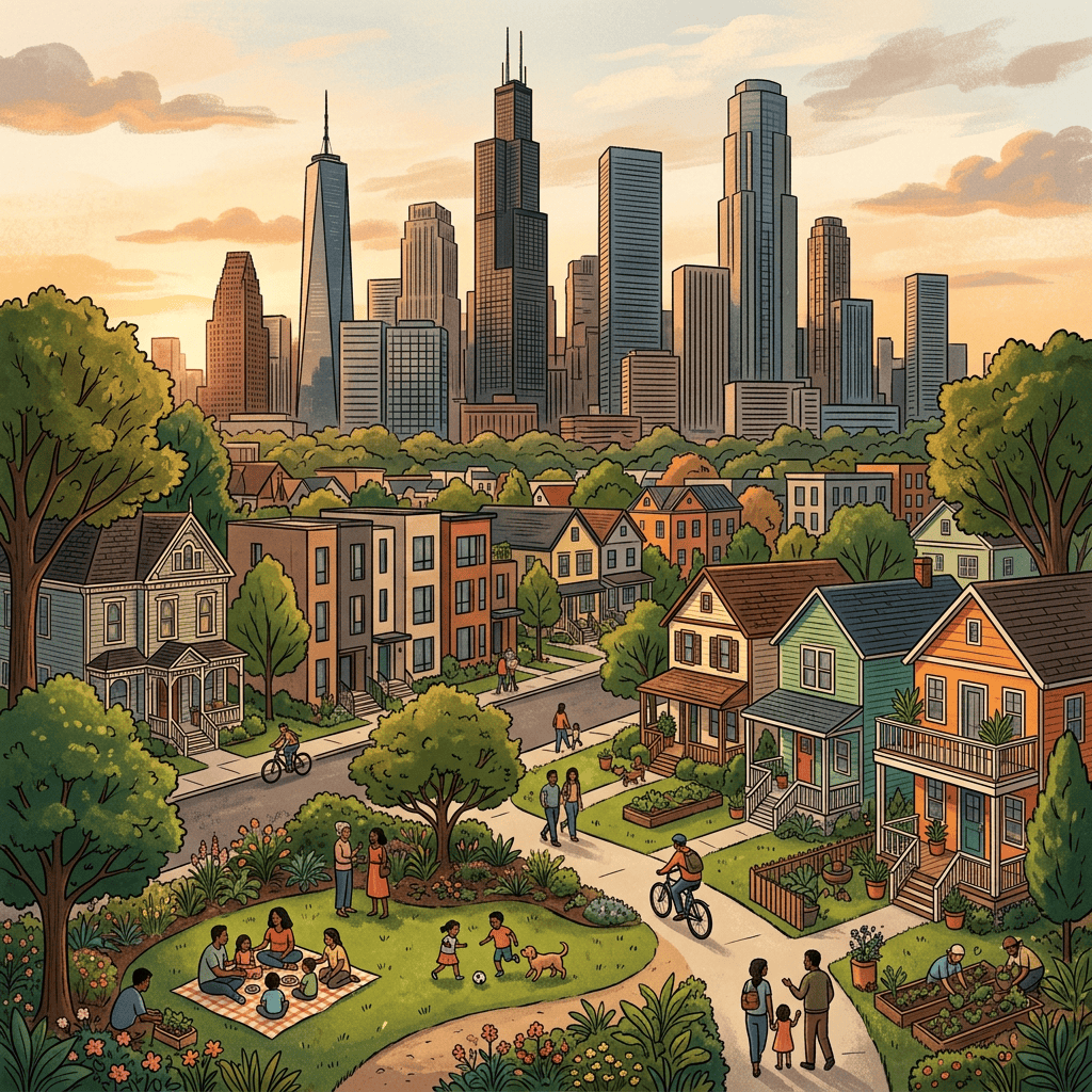 Illustrated neighborhood with gardens, families, cyclists, and a city skyline