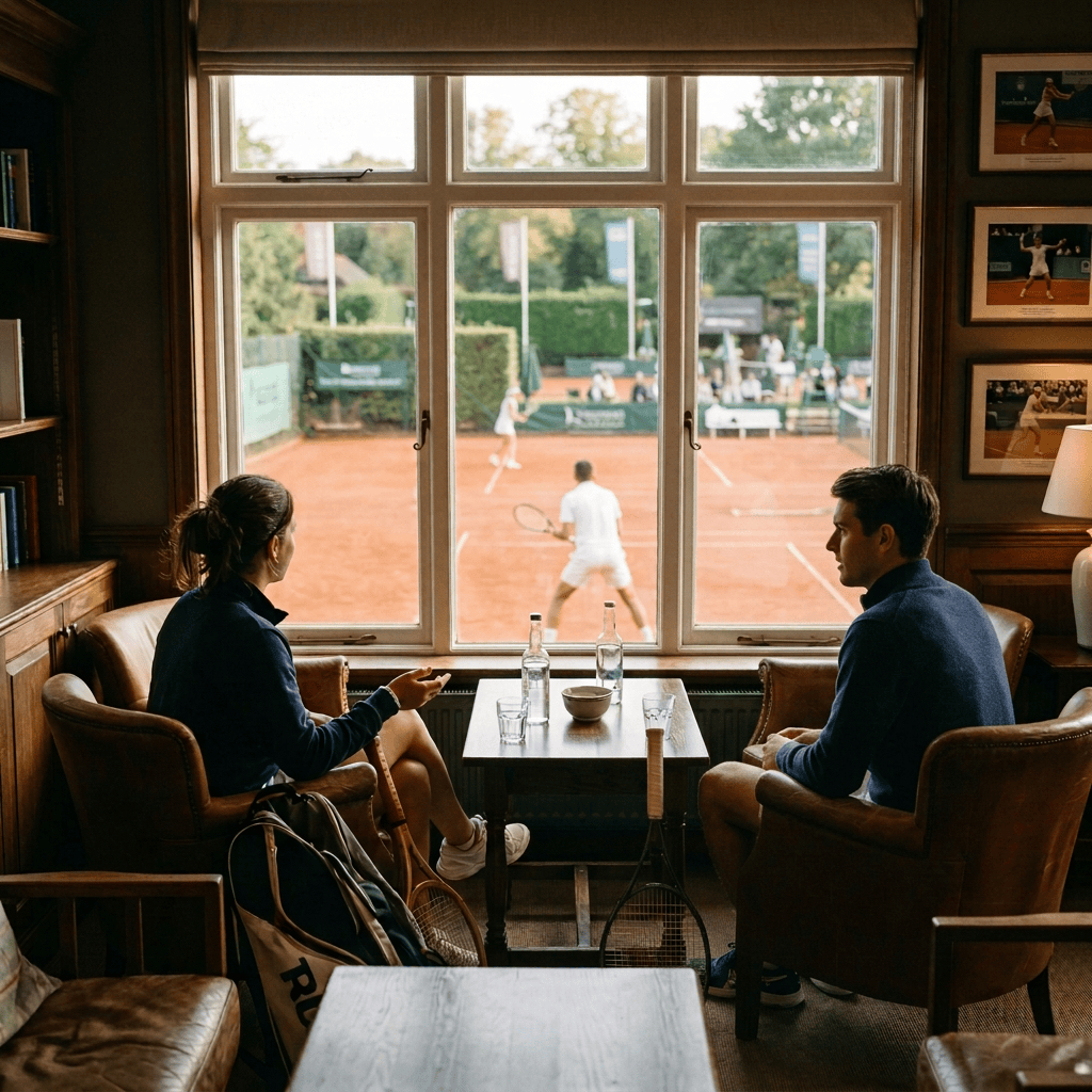 Two women watching a tennis match through a window from a club lounge