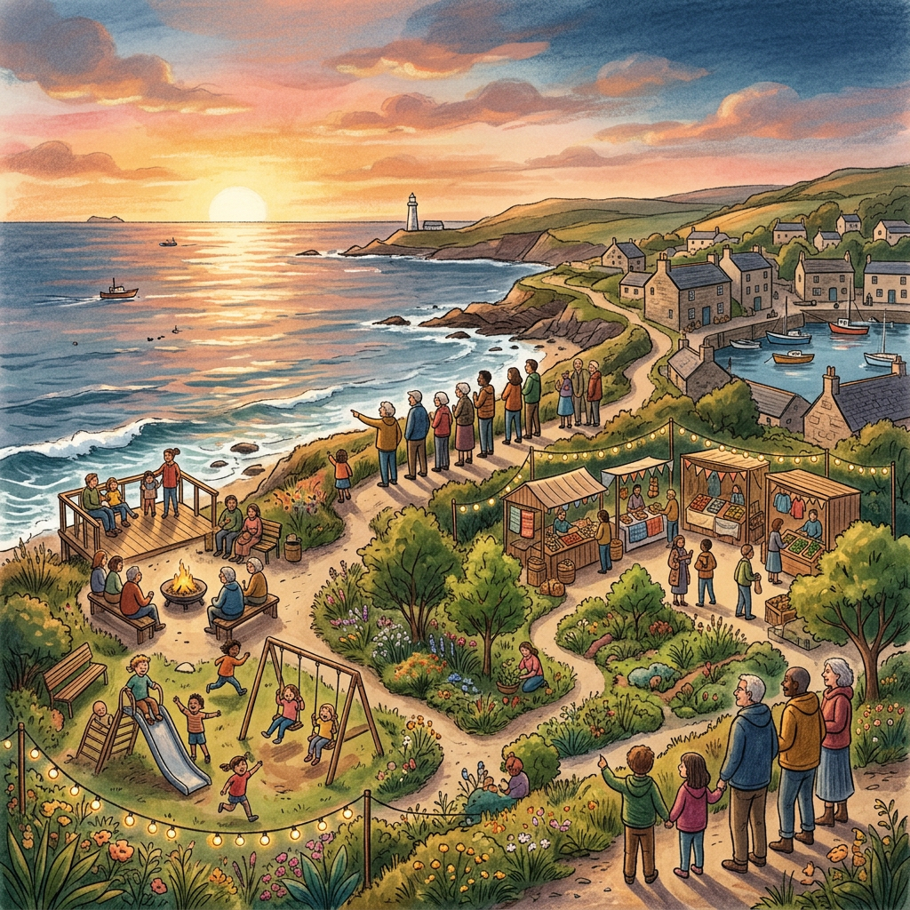 Coastal village festival with market stalls, families, lighthouse, and sunset