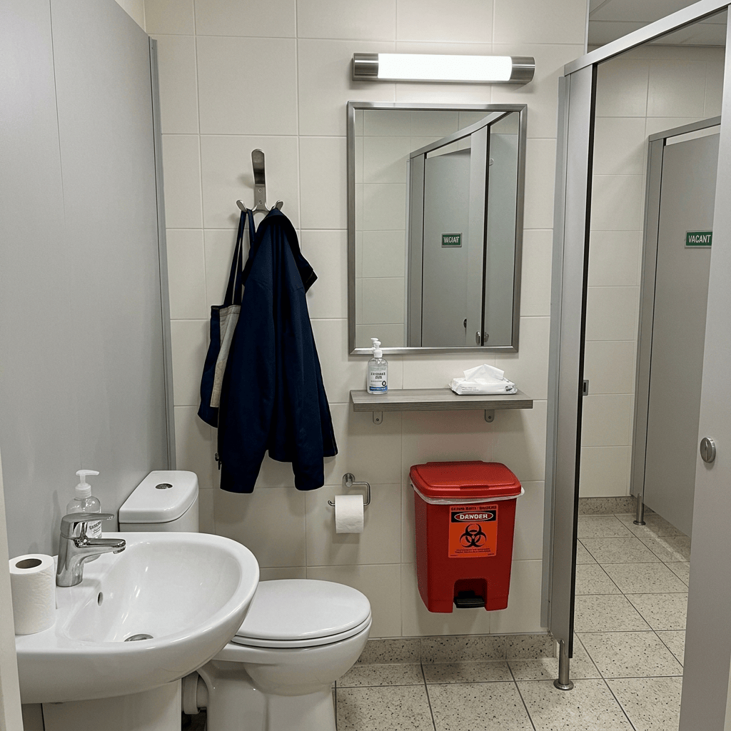 Clean tiled restroom with sink, toilet, mirror, coat hooks, and red biohazard bin