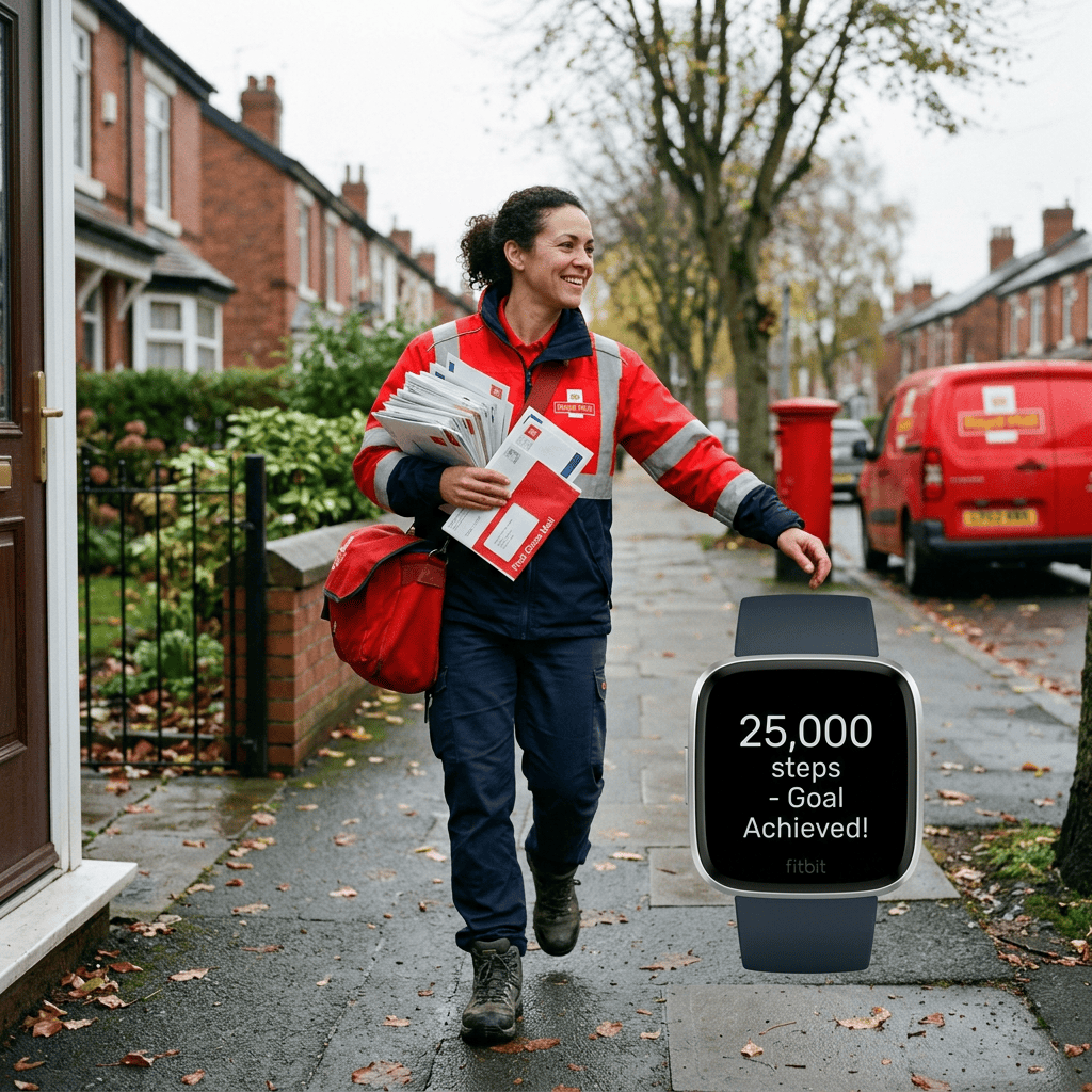 Postal worker carrying mail beside smartwatch reading 25,000 steps goal achieved
