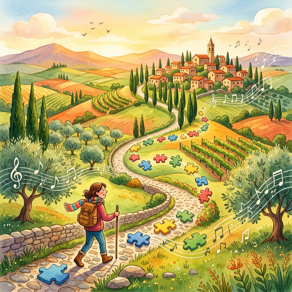 Hiker walking a puzzle-piece path through musical countryside toward a hilltop village