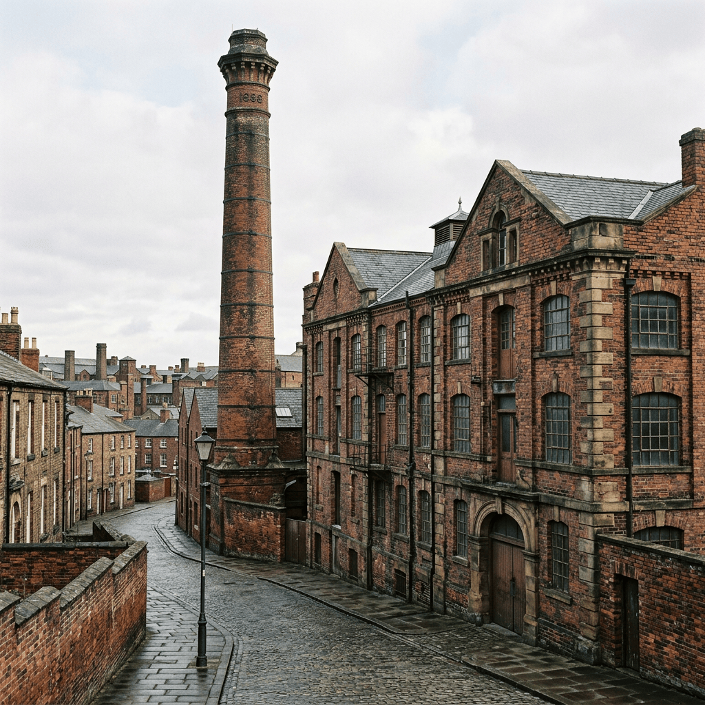 Cobblestone street beside Victorian brick factories and a tall chimney