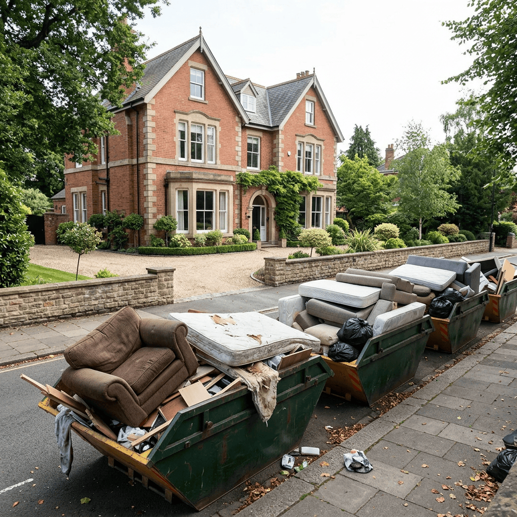Overflowing skips of furniture and household waste outside a brick house