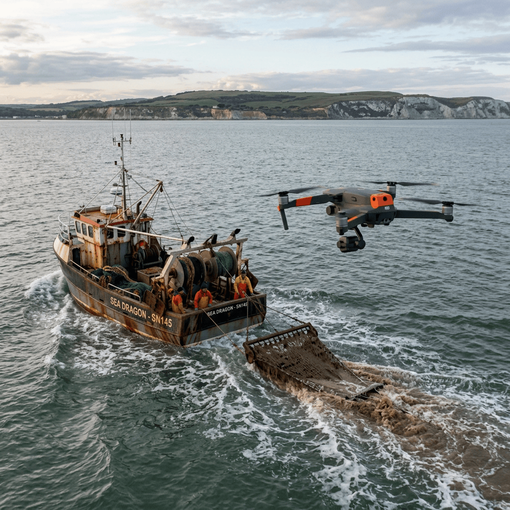 Drone beside fishing boat labeled SEA DRAGON - SN145, towing a dredge