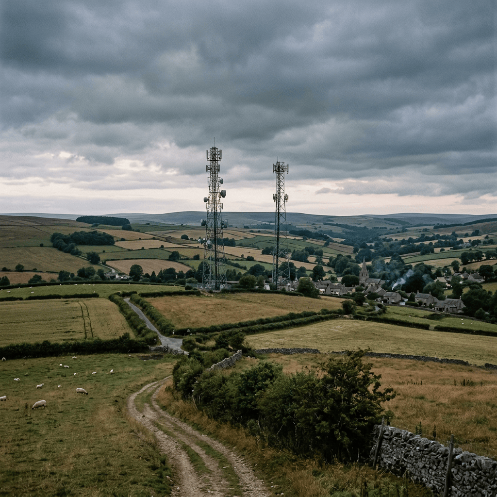 Two telecommunication towers overlooking patchwork farmland and a rural village