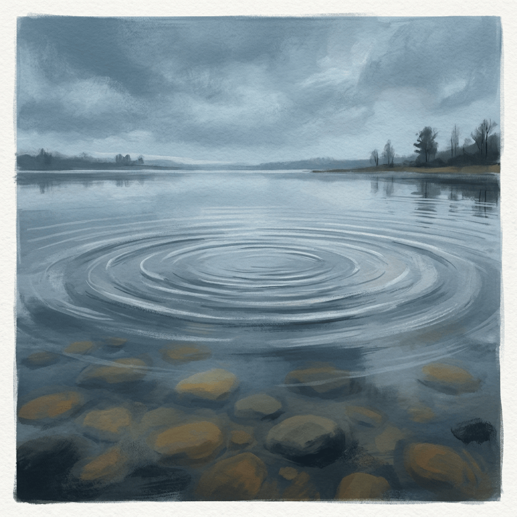 Concentric ripples spread across a calm lake with stones visible underwater