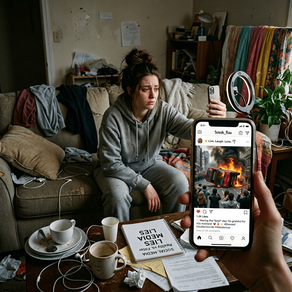 Distressed woman holds a phone showing a cheerful influencer post in a cluttered room