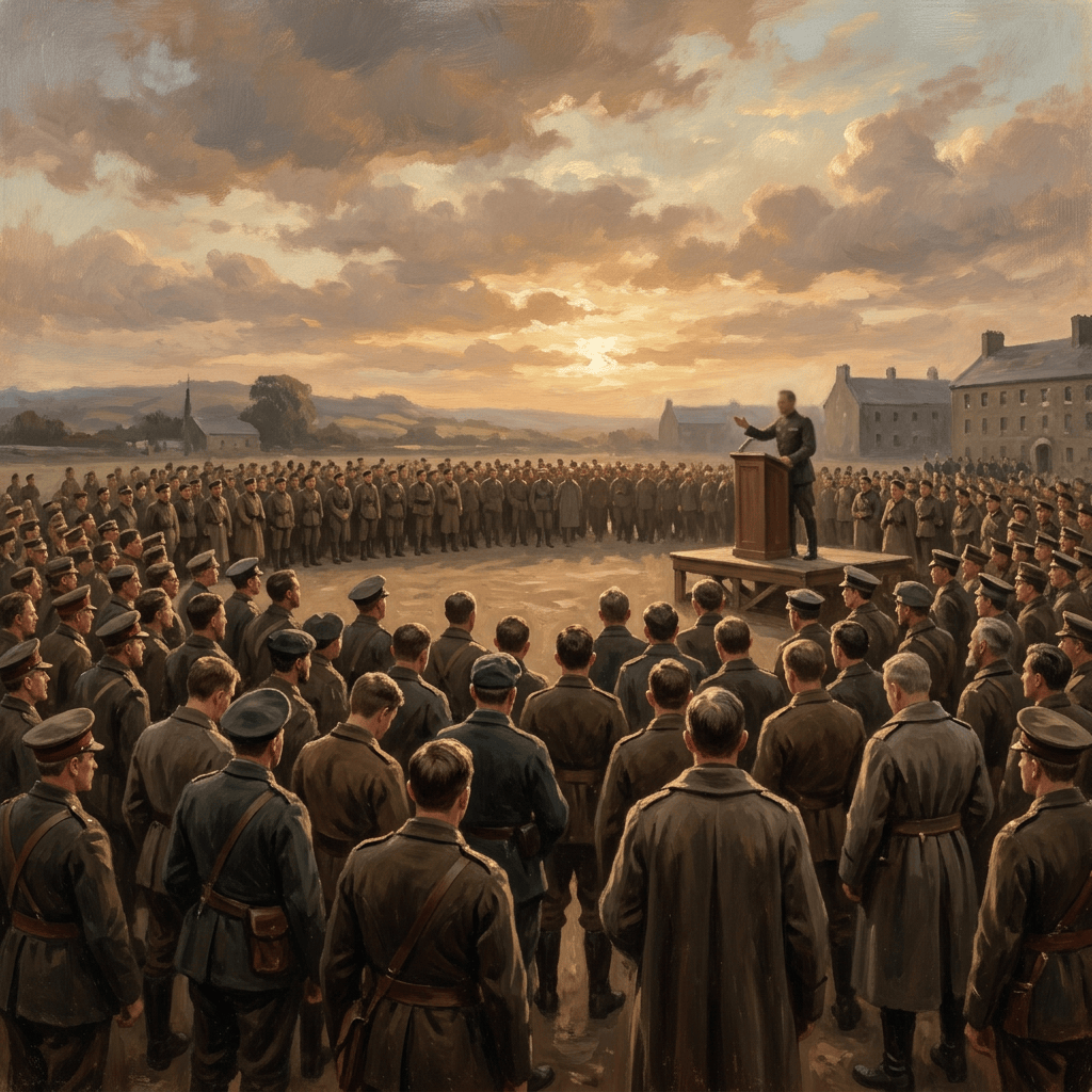 Speaker addressing a large gathering of uniformed soldiers at sunset
