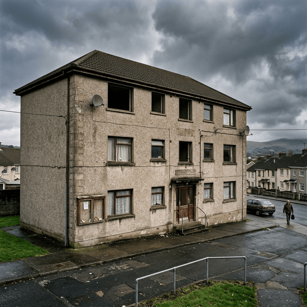 Weathered three-story apartment building on a wet hillside street