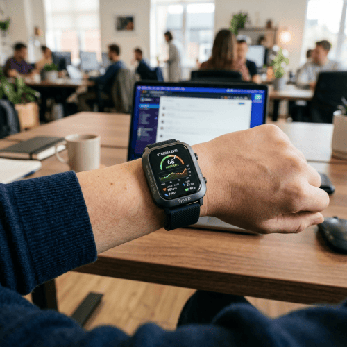 Smartwatch displaying “STRESS LEVEL 68 MODERATE” on a wrist at an office desk