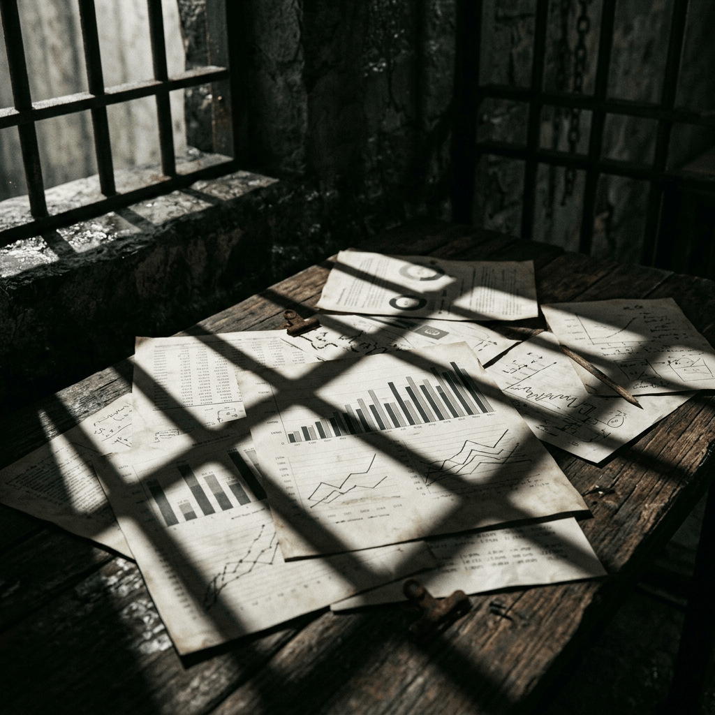 Charts and handwritten documents scattered across a wooden table