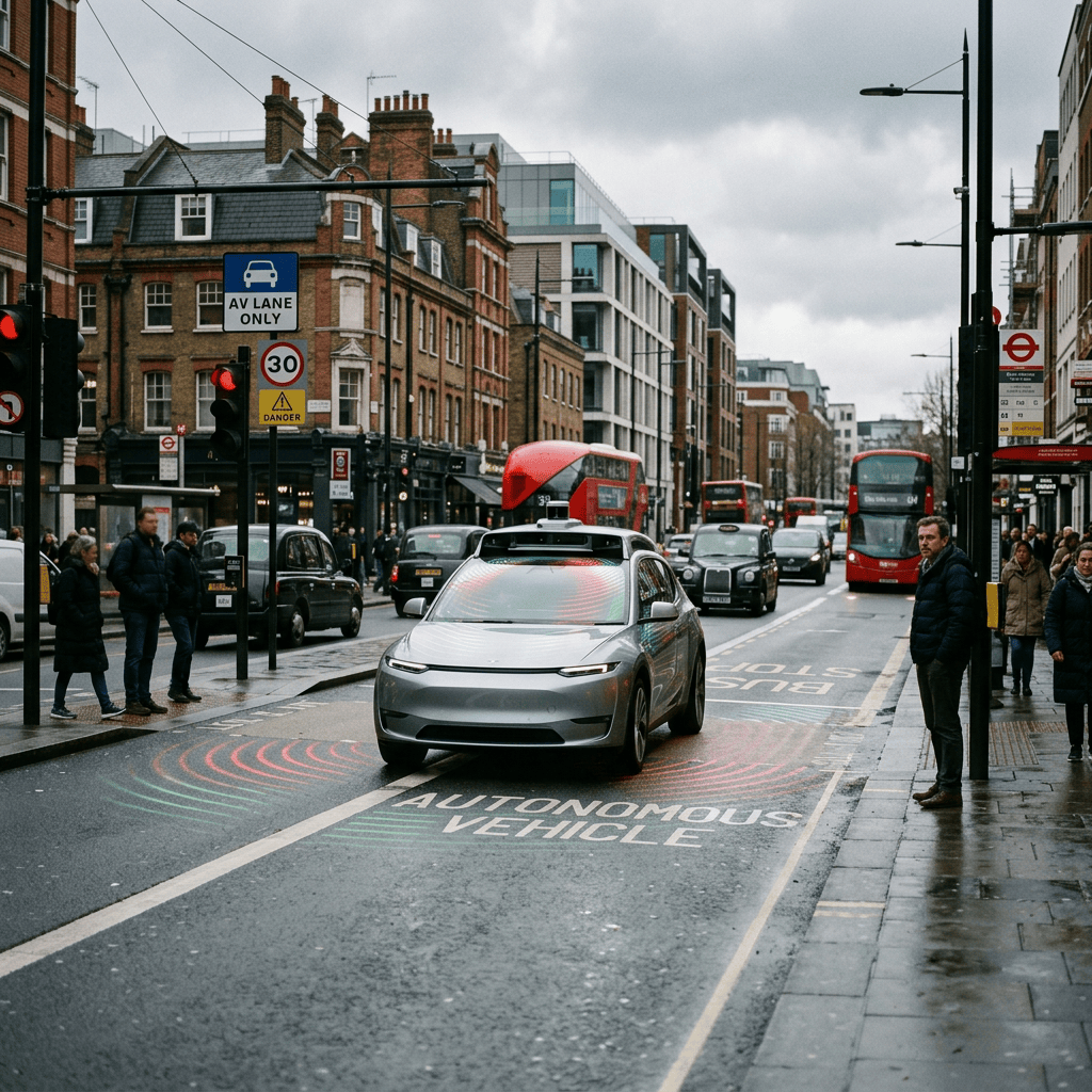Self-driving car in marked autonomous vehicle lane on a rainy London street