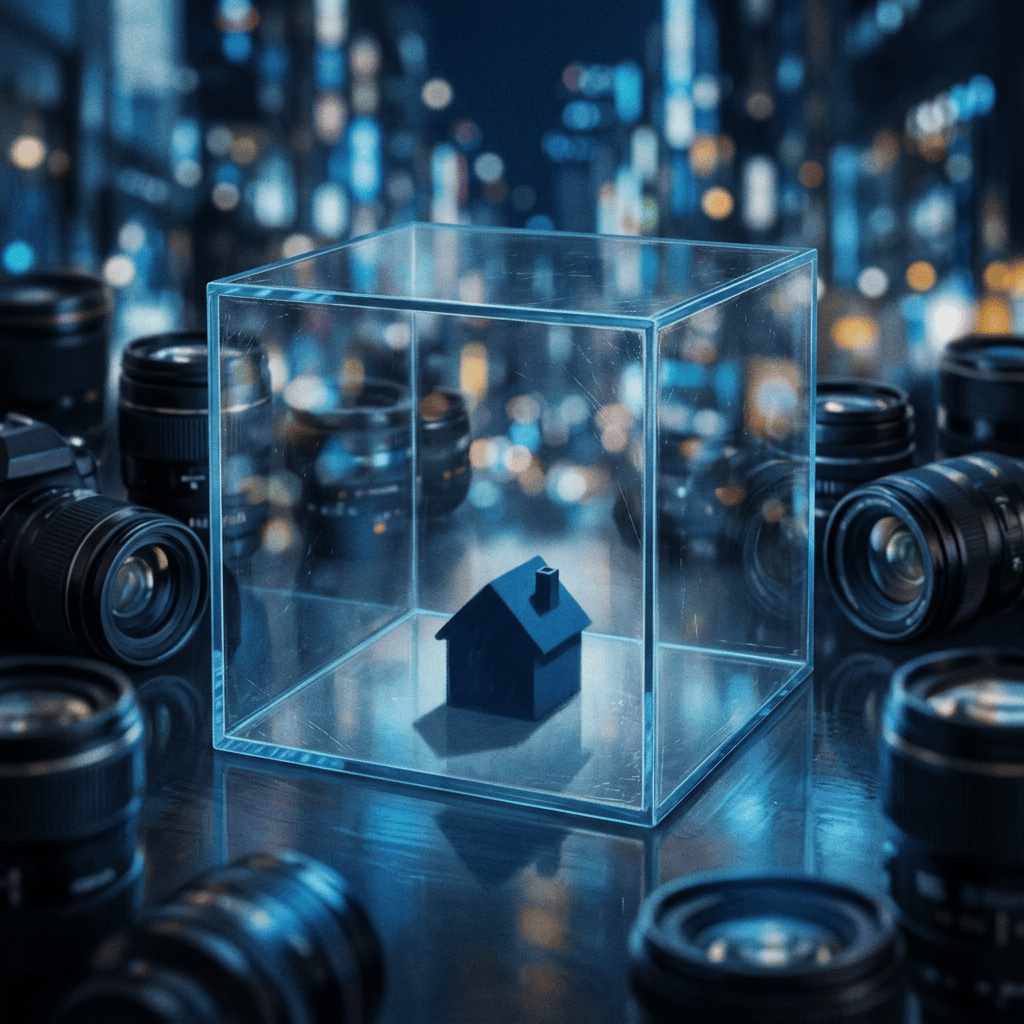 Small house model inside a glass cube surrounded by camera lenses