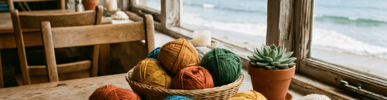 Colorful yarn, knitting needles, tea, and a seaside view