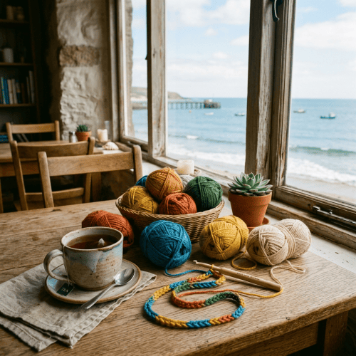 Colorful yarn, knitting needles, tea, and a seaside view