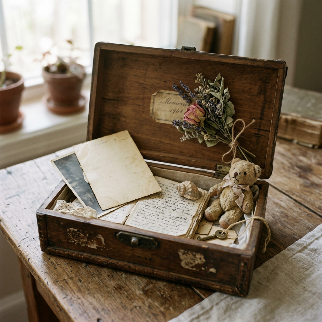 Open vintage suitcase filled with letters, teddy bear, seashells, and dried flowers