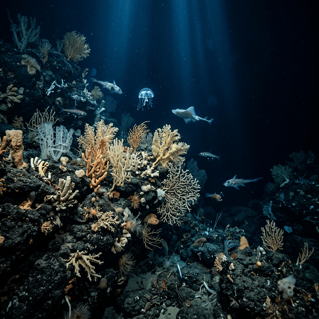 Deep-sea coral reef with fish, sharks, and jellyfish