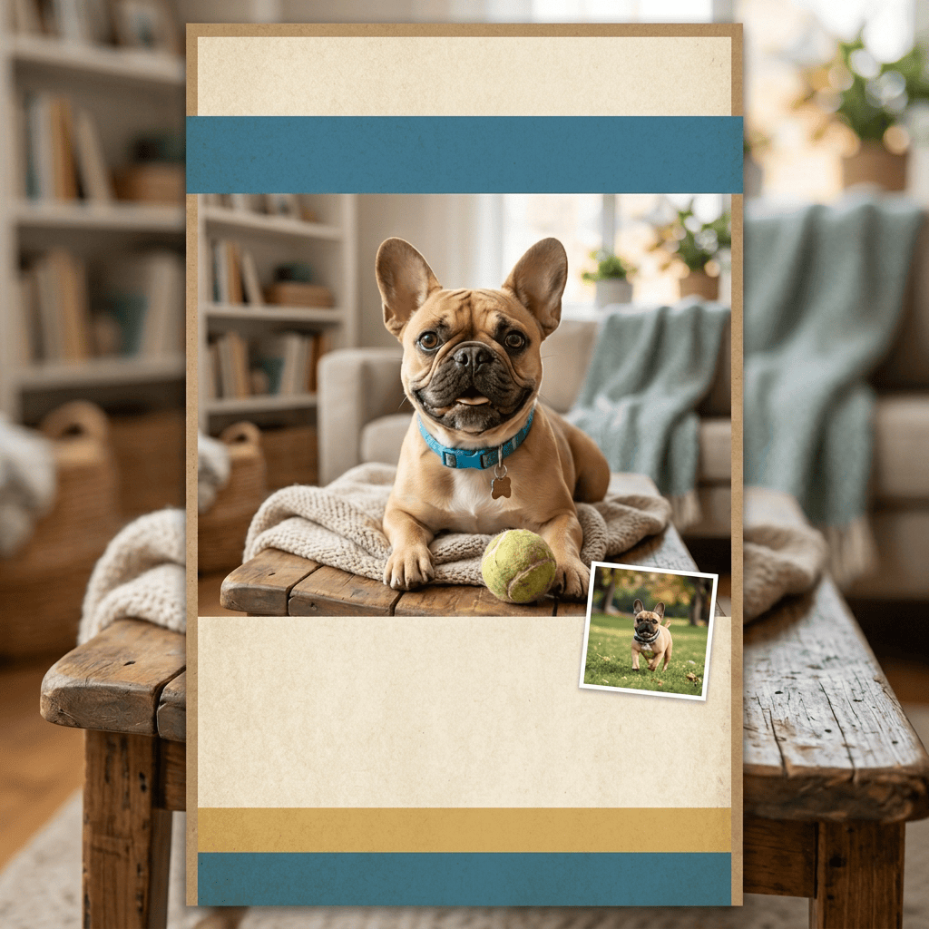 Adoption poster reading “FOREVER HOME WANTED! MEET CHARLIE!” featuring Charlie, a male neutered two-year-old French bulldog. Text says: “Hi, I’m Charlie! Age: 2 Years | Sex: Male (Neutered) A LOVING HEART, WAITING FOR YOU. I’m a playful, cuddly, and friendly little guy who loves walks, naps on the sofa, and making new friends! I’m house-trained, up-to-date on vaccinations, and great with kids and other dogs. I just need a loving family to call my own. Ready for endless snuggles! HELP CHARLIE FIND HIS FAMILY! ADOPT ME! | Contact: HAPPY PAWS RESCUE adopt@happypaws.org | www.happypawsrescue.org/charlie | (555) 123-4567”