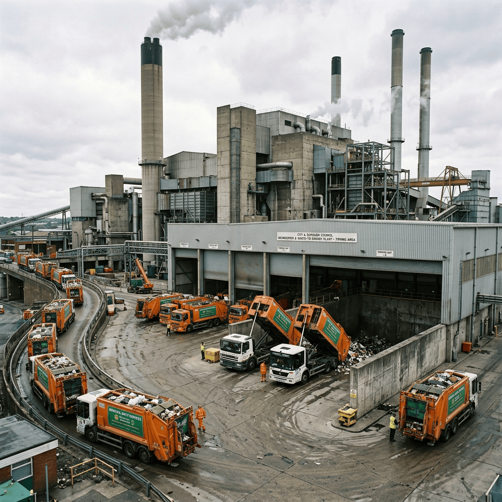Waste trucks operating outside an industrial waste processing facility
