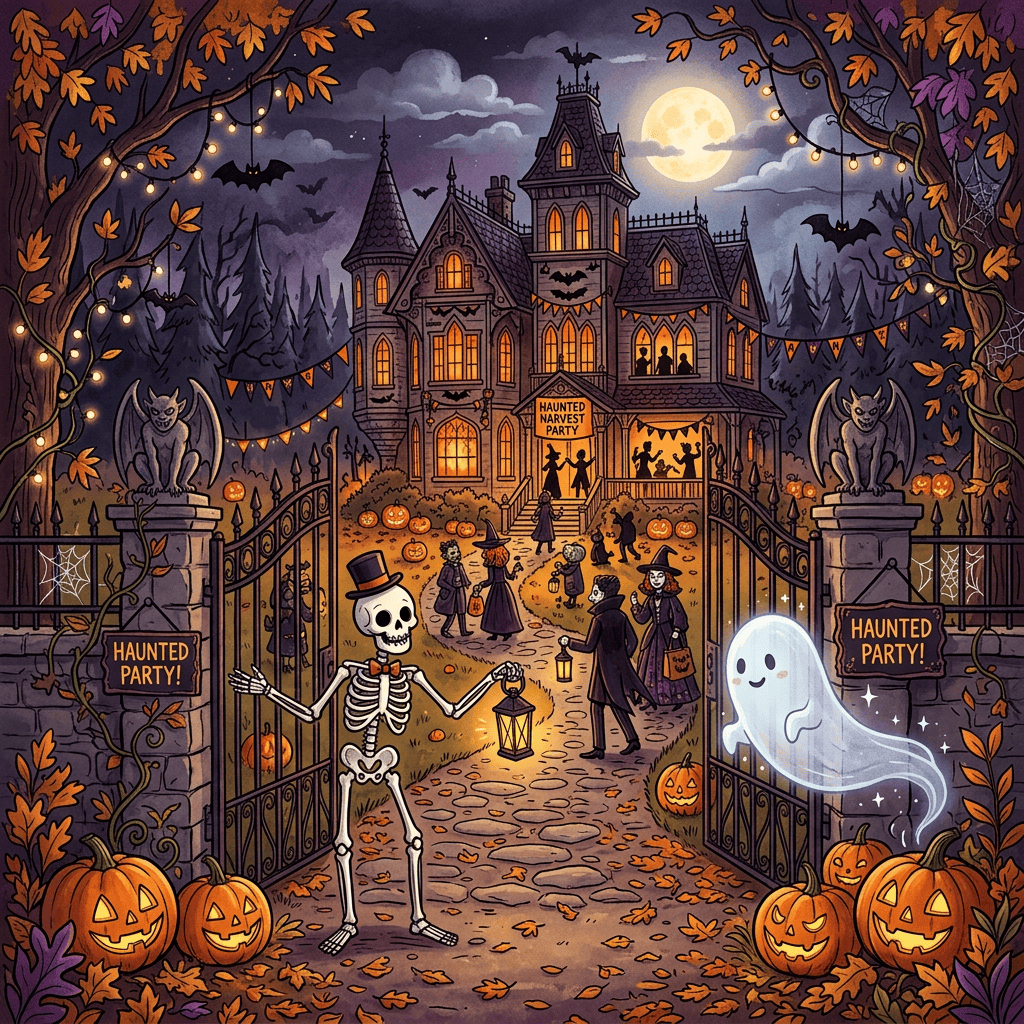Haunted harvest party at a glowing mansion with pumpkins, skeleton, ghost, and costumed guests